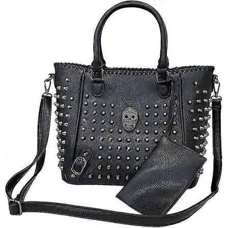 Skull Håndtaske til Kvinder Nitter Studs PU Læder Stor Gotisk Skuldertaske med 2 Pungstropper Sort