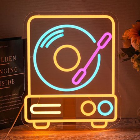 Levysoittimen neonkyltti seinäkoristeeksi, musiikkineonvalo, retro-musiikkisoittimen LED-neonmerkit, värikkäät LED-neonvalot äänitysstudioon