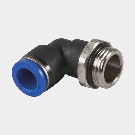 CAN-SB koppl. 90° Ø12mm 1/2" gänga vinkelkoppling i plast och metall för tryckvattensystem i båt, svart och blå