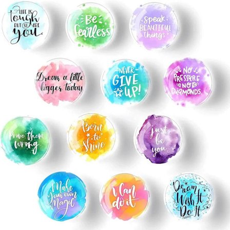 Set med 12 kylskåpsmagneter i glas - 35 mm (Inspirerande citat)