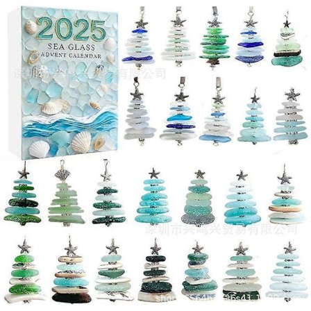 Merilasi Joulukuusi Joulukalenteri 2025, 24 päivän joulunajan kalenteri 24 miniatyyri joulukuusen koristeella, 2025 Merilasi Joulukalenteri