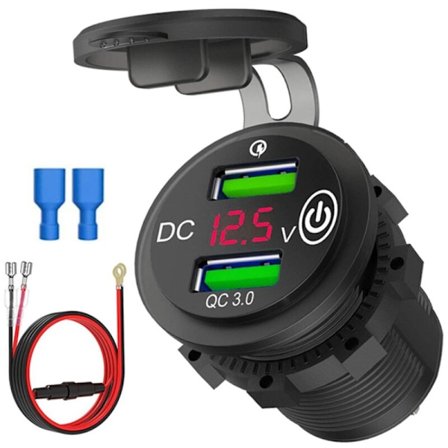 Dual Port USB Biloplader Socket QC3.0 12V/24V Opladningsadapter med LED Digital Voltmeter Touch Switch A