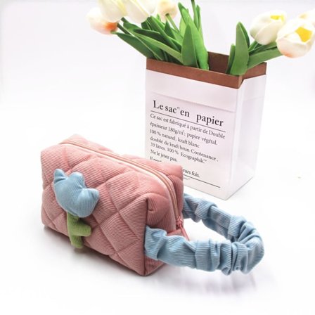 Rosa kordfløyel tulipan kosmetikkveske stor kapasitet bærbar toalettmappe for jenter