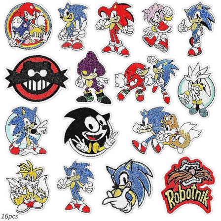 Sonic Tema Brodererede Mærker - Sy på/Stryg på Mærker - Dekorative Applikationer til Tøj, Hatte, DIY Tilbehør - 16 stk
