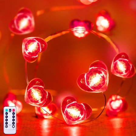 Alla hjärtans dag dekorationer, 4m 40 LED röd hjärtformad ljusslinga, batteridriven blinkande ljusslinga för alla hjärtans dag dekoration