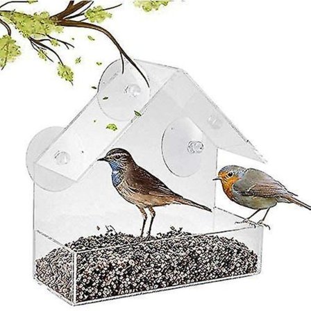 Klar glassvindu fuglemater med sugekopper for frø