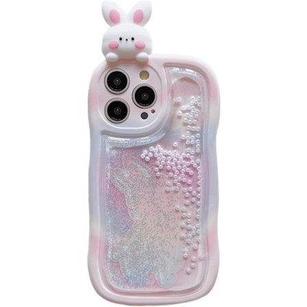 2025 Senaste Modellen Flytande Kvicksandsskal för iPhone 16 Pro Max, Sött Kawaii Våg-ram Karaktär Rolig Kanin Full Kameraskydd