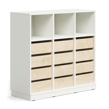 Elevförvaring CASPER, 12 lådor, 3 toppfack, sockel, vit/björk
