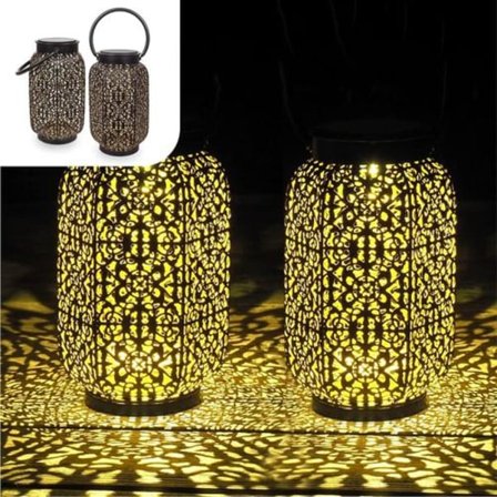 Orientalsk utendørs solcellelykt | Sett med 2 | LED hagebelysning | Bordlampe, terrasse og balkong | Svart og gull metall | Marokkansk dekorasjon