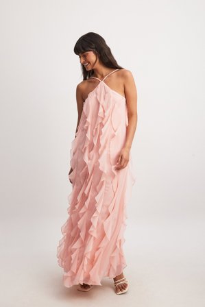 NA-KD Structured Chiffon Ruffle Detail Maxi Dress - Balkjoler - Lyserød - EU 40