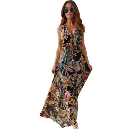 Kvinnor V-ringad Blommönster Boho Print Lång Klänning Hög Midja Sle