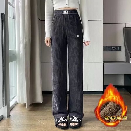 Dam Enfärgad Elastisk Midja Bokstav Byxor Höst och Vinter Hög Midja Ficka Raka Lediga Vida Ben Byxor Grå Tjock XXL(62.5-67.5)kg