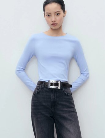 Mango Long-Sleeved Fine-Knit Sweater - Blue - XL