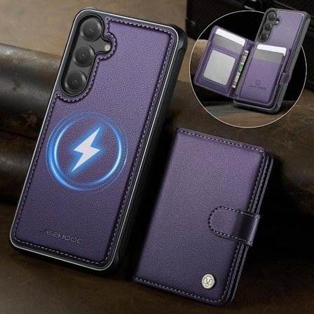 (Til Samsung Galaxy S25FE) 2-i-1 magnetisk tegnebogs etui til mobiltelefon med kortlommer, stativ og RFID-beskyttelse til MagSafe-enheder