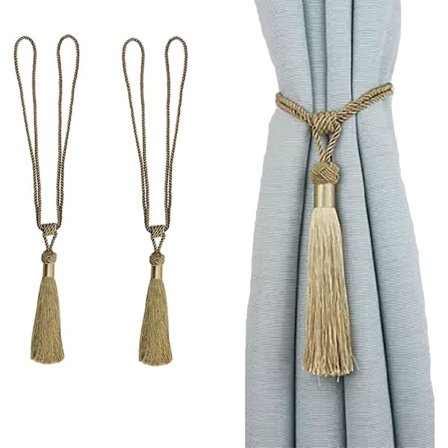 Set med 2 handgjorda gardinupphängningar i rep med tofsar för hem- och kontorsinredning (guld, 2)