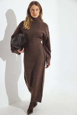 NA-KD Robe mi-longue sculpturale en maille de laine mélangée - Robes d'Automne - Marron - S