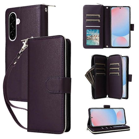 Til Samsung Galaxy A56 5G Etui Lynlåslomme PU Læder Cover med 9 Kortlommer