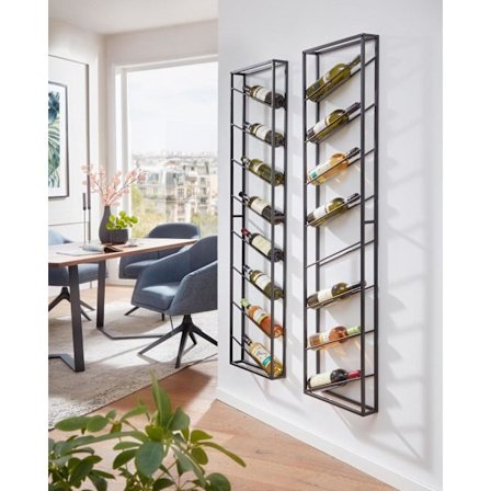 Rootz stativ væg metal sort 36x150x8 cm stor til 8 flasker - Design væghylde til køkkenet - Flaskestativ Hængende Smal Vægmonteret