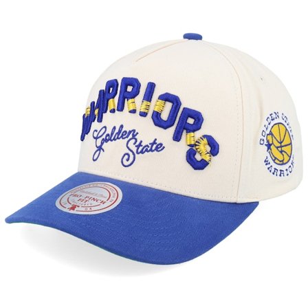 Mitchell & Ness - NBA Bege adjustable Boné - Golden State Warriors Staggered Zag Pro Off White/Royal A-frame Adjustable @ Hatstore