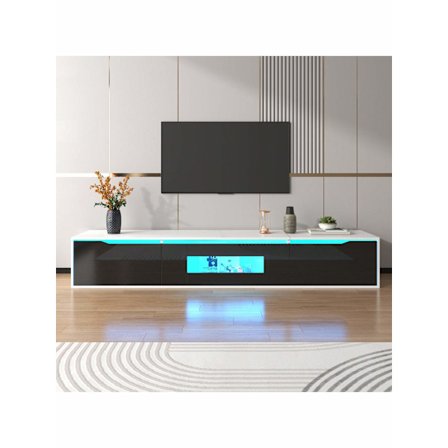 TV-skåp, högblankt TV-skåp, färgmatchat till svart och vitt, med färgskiftande LED-belysning.