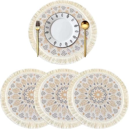 4 vaskbare, vevde bordbrikker, runde, varmebestandige bordbrikker