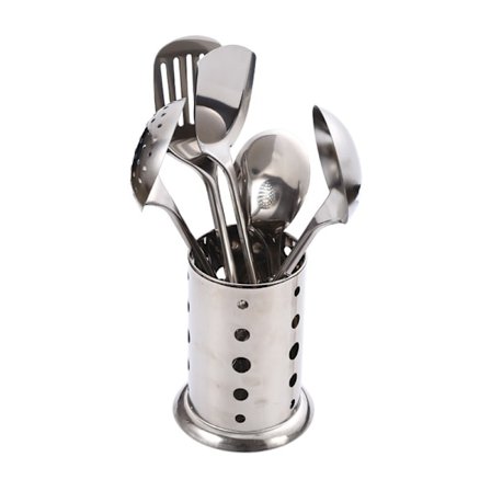 Rustfrit stål køkkenredskabssæt 5 dele med hulske, øse, skimmer, serveringsske, pastaserver