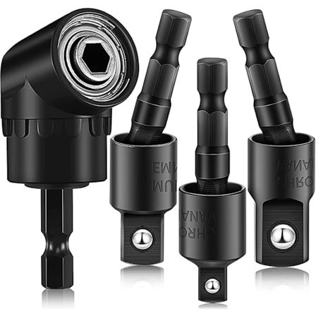 3 stycken högervinklad borradapter, 4-i-1 slagborrförlängning, 360° roterbar, 1/4 3/8 1/2 tum slagskruvsnyckeladaptersats