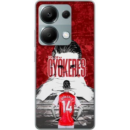 Yhteensopiva Puhelinkuori Xiaomi Redmi Note 13 Pro 4G Punainen dramaattinen kollaasikuva, jossa esiintyy Viktor Gyökeresin muotokuva ja pelaajia takaa