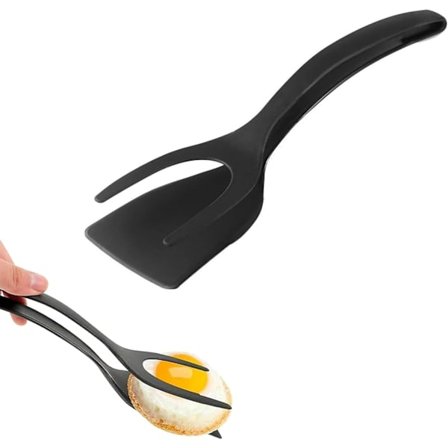 1 stk Silikon Eggtang Vender Spatel, Silikon Eggspatel 2 i 1 Gripe og Vend Spatel (Svart)