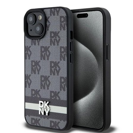 DKNY ternet læderetui med ensfarvet mønster og trykte striber til iPhone 15/14/13 - Sort