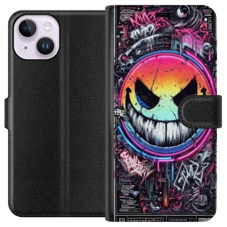Kompatibelt Plånboksfodral till Apple Apple iPhone 15 Cyberpunk smiley med neonfärger, graffiti och futurisk techstil, edgy digital konst för gamer