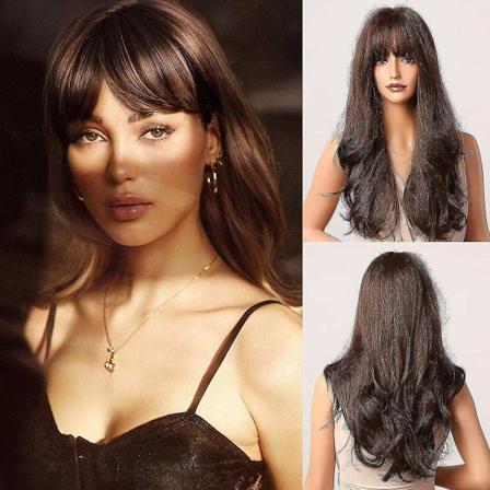 TG Mörkbrun peruk med lugg - Långa vågiga brunettperuker för kvinnor, chokladbrun syntetisk värmebeständig