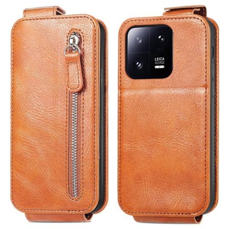 Vertical Flip Phone Suojakotelo With Zipper For Xiaomi 13 Pro - Ruskea