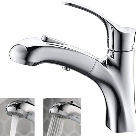 Badrumskran med utdragbar dusch, enhålsblandare för handfat i badrum, krom