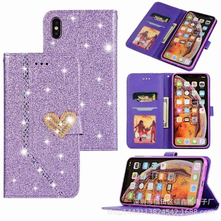 Deksel til iPhone 14 lilla hjerte glitter diamant kortspor lommebok lær