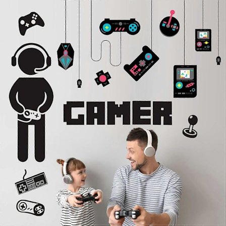 2 ark Gamer vægklistermærker med farverige controller vægmærkater, vinyl gaming joystick tegneserie tapet, aftageligt videospil vægmaleri