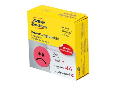AVERY Etikett unhappy smiley röd 250/fp - Lyreco - Emballage och lagerutrustning - Etiketter och godsmärkning - Specialetiketter