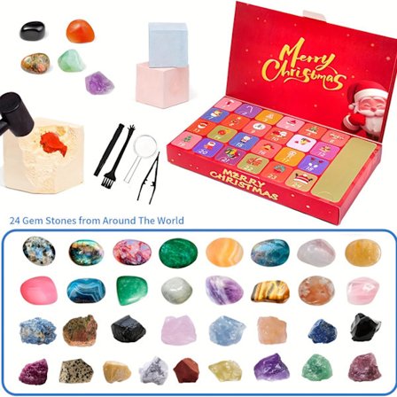 24-dages julekalender med krystaludgravning - Samlerobjekt med 24 syntetiske ædelstene og udgravningsværktøjer, perfekt jule-nedtællingsgave til [YJD]