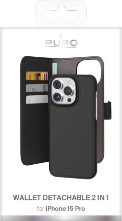 PURO iPhone 15 Pro eco-leather detachable wallet case, black