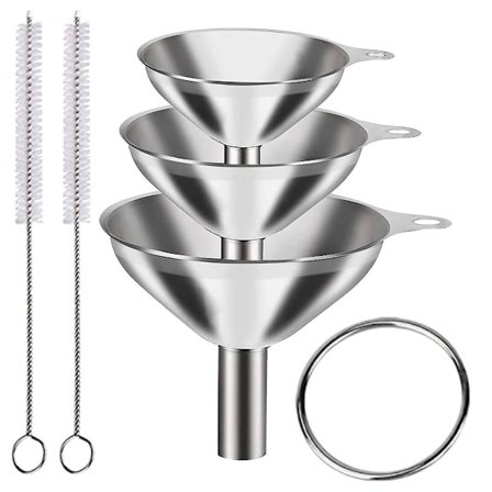 Trakt i rustfritt stål, sett med 3 (7,5 cm/5,5 cm/4,5 cm) trakter, med 2 rengjøringsbørster, kjøkkentrakter for overføring av væsker, matoljer, 5 stk