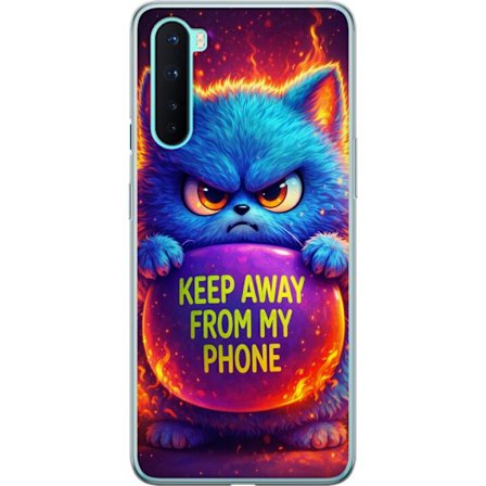 Kompatibelt Mobildeksel til OnePlus OnePlus Nord Sinna lodne blå katt med teksten "Hold deg unna telefonen min" i neonfarger og ildlignende effekter,