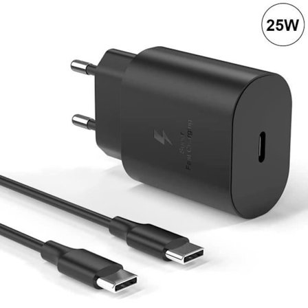 USB-C oplader 25W - e.f.connection - Sort - Kabel 1M - Kompatibel med Samsung A05s A06s A15 A25 A35 A36 A53 A55 A56