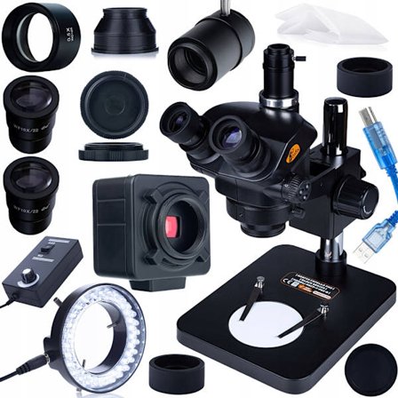 Trinokular Stereo Mikroskop 7–45X med Barlow 0,5X og USB 5MP Kamera – LED 56 | C-Mount | til Elektronik og SMT