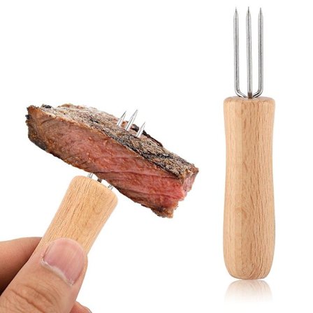 Rustfrit Stål BBQ Kødfrugtgafler 4 stk. Træhåndtag Grill Majsholder