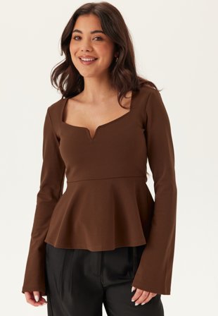 Bubbleroom - Long Sleeve Peplum Top - Brown - Kläder
