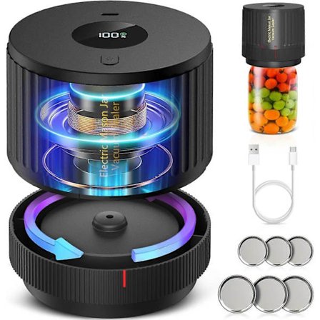 Elektrisk vakuumforseglingssæt til Attikbiz syltetøjsglas, alt-i-én syltetøjsglasforsegler med LED-skærm, syltetøjsglasforsegler inkluderer 6 glaslåg