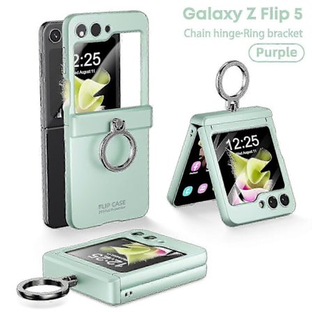 Kompatibel med Galaxy Z Flip 5 Skal med Ringhållare, Skärmskydd & Gångjärnsskydd - Kompatibel med Z Flip 5