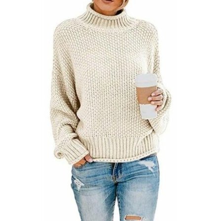 Strikket genser for damer, elegant vintergenser med høy hals, strikket genser, chunky strikket genser, avslappet løs genser med lange ermer - S