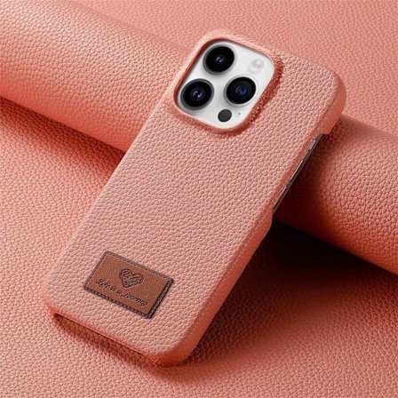 Fodral för iPhone 16 Plus rosa Läder halvt paket Pebbled litet genomskinligt skal