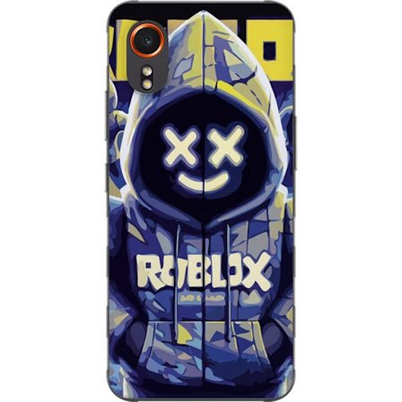 Kompatibelt Mobildeksel til Samsung Samsung Galaxy Xcover7 Blågul Roblox hettegenserfigur med minimalistisk neonstil og masket ansikt, moderne spilli